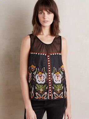 Anthropologie FLOREAT Nalini Floral Embroidered Beaded Organza Blouse, Size 10